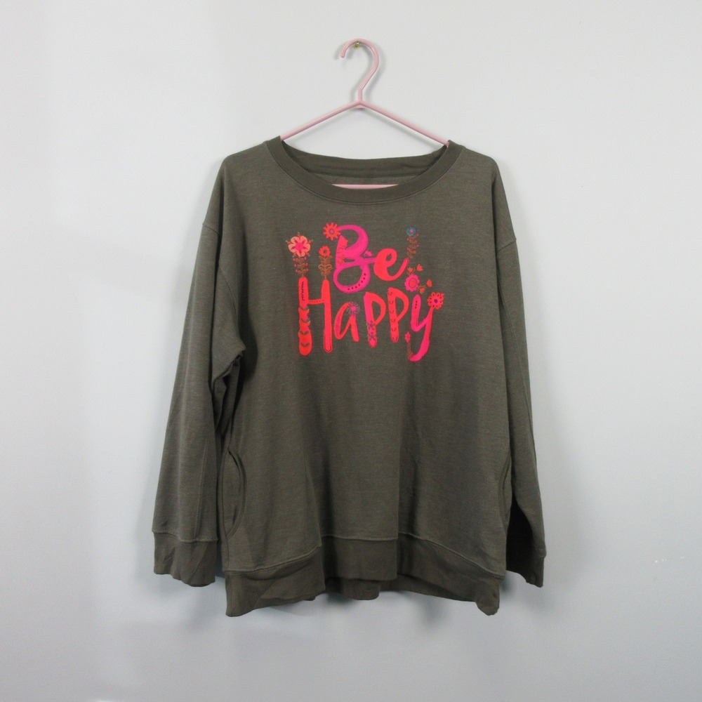 Natural Life Be Happy Graphic Sweatshirt Olive Green Women's Size L Crew Neck